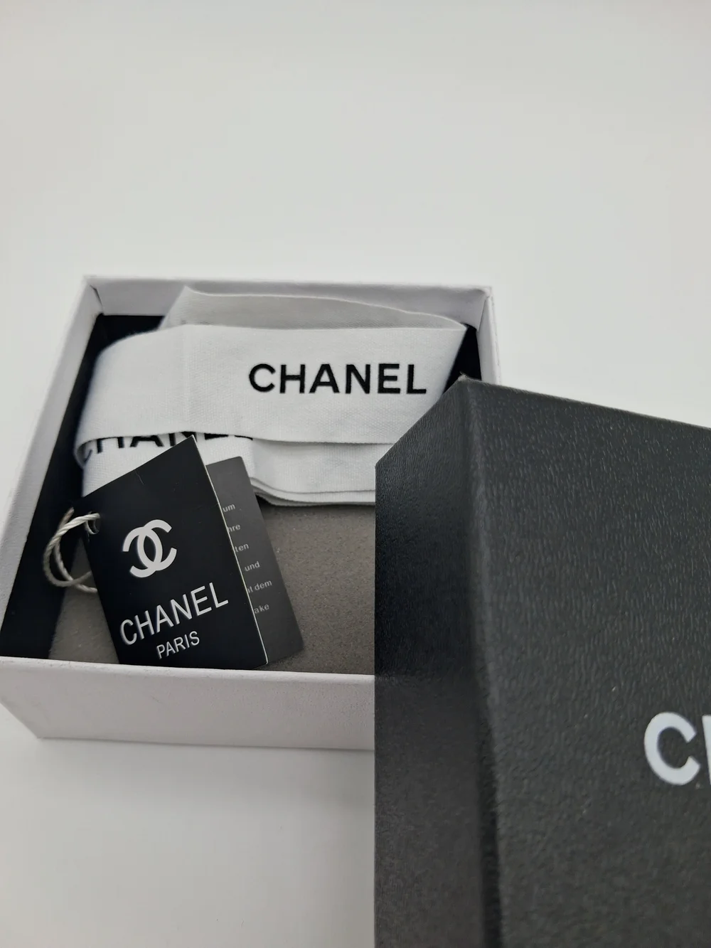 CHANEL Black Jewelry Paddes Gift Box White Interior Ribbon Care Tags Packaging